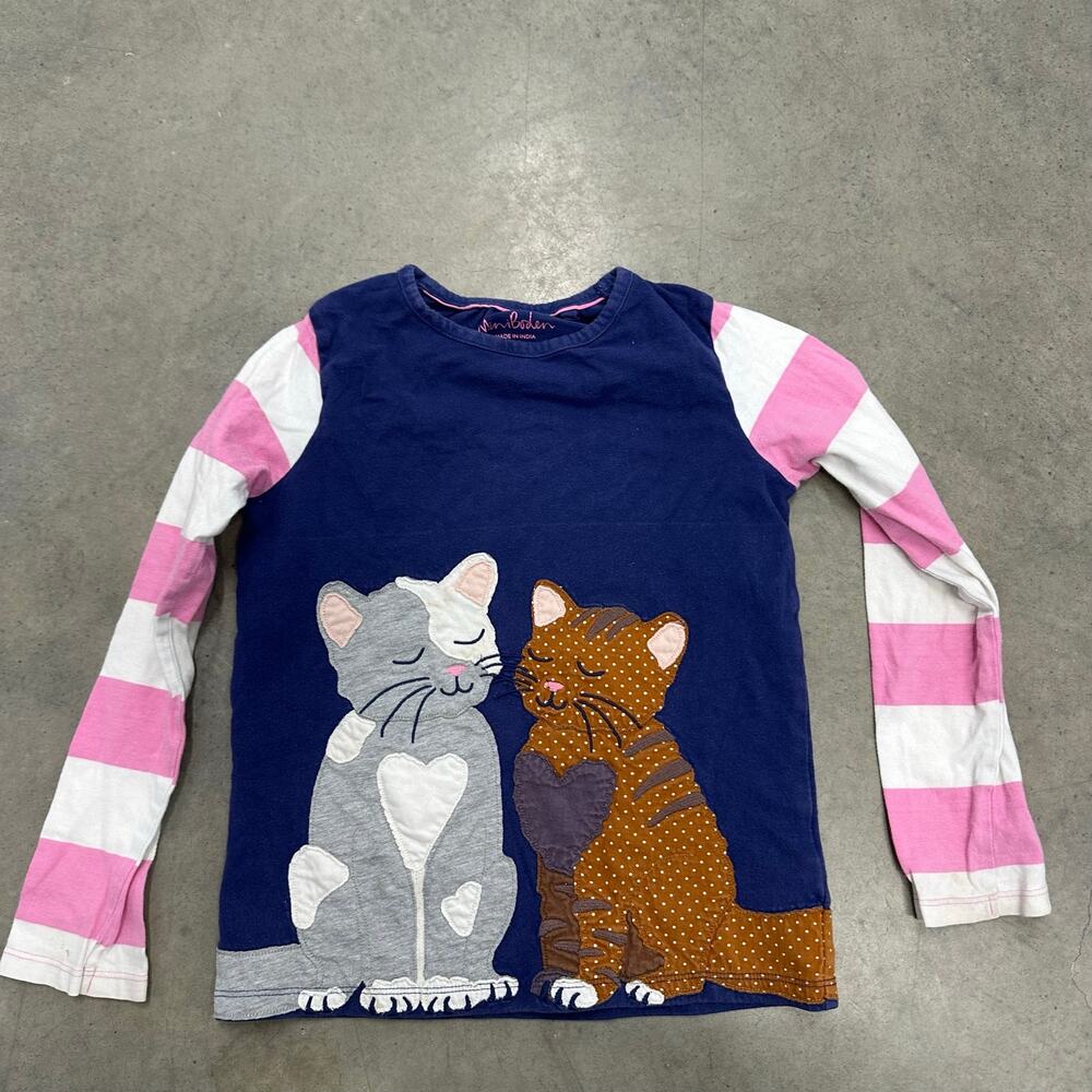 Mini Boden Girls Cat Applique Long Sleeve Top Shirt Heart Tail Size 8-9Y Blue